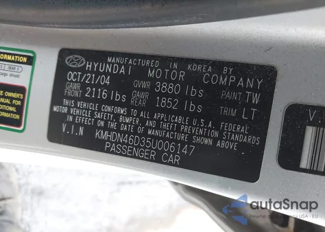 2005 Hyundai Elantra Gls/Gt from USA, damaged, VIN KMHDN46D35U006147